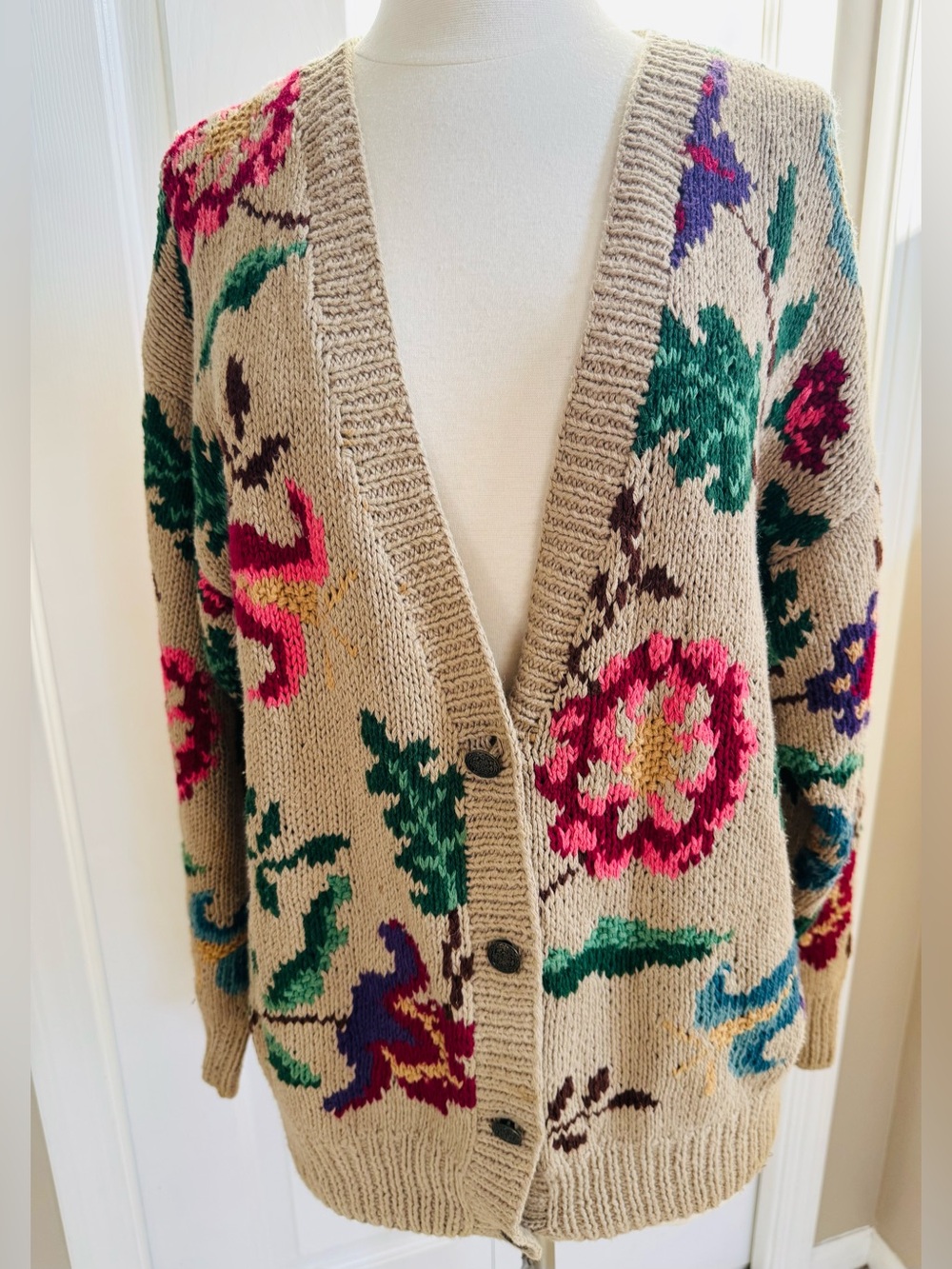 Beige Floral V-Neck Cardigan Sweater with Pink & Green Accents